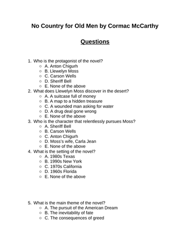 No Country for Old Men. 30 multiple-choice questions (Editable)