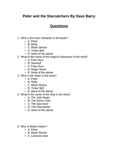 Peter and the Starcatchers. 30 multiple-choice questions (Editable)