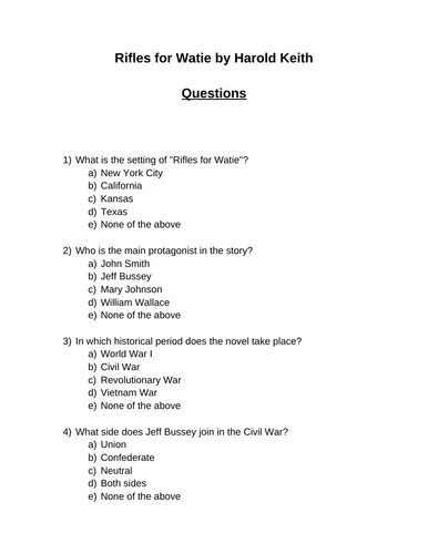 Rifles for Watie. 30 multiple-choice questions (Editable)