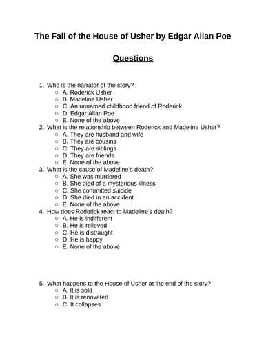The Fall of the House of Usher. 30 multiple-choice questions (Editable)