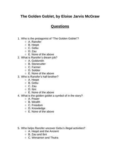 The Golden Goblet. 30 multiple-choice questions (Editable)