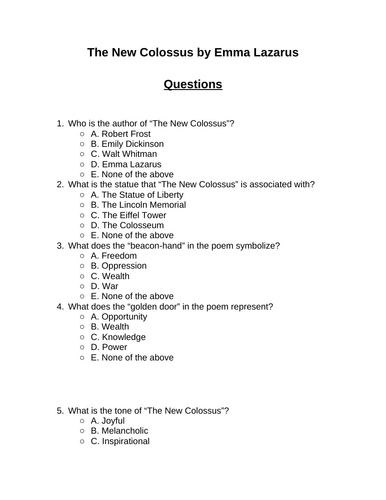 The New Colossus. 30 multiple-choice questions (Editable)