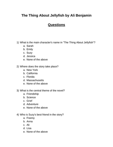 The Thing About Jellyfish. 30 multiple-choice questions (Editable)