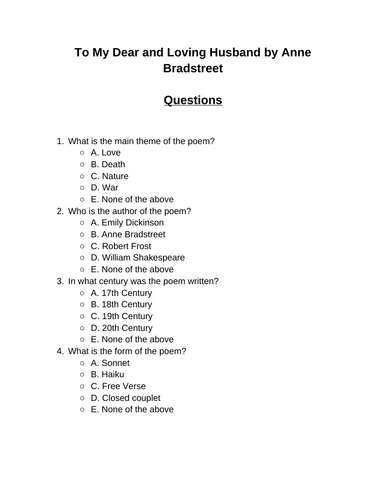 To My Dear and Loving Husband. 30 multiple-choice questions (Editable)