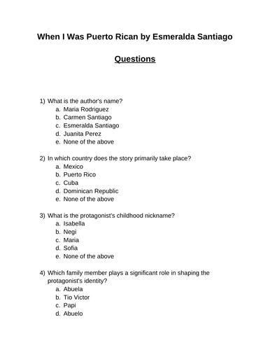 When I Was Puerto Rican. 30 multiple-choice questions (Editable)