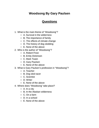 Woodsong. 30 multiple-choice questions (Editable)