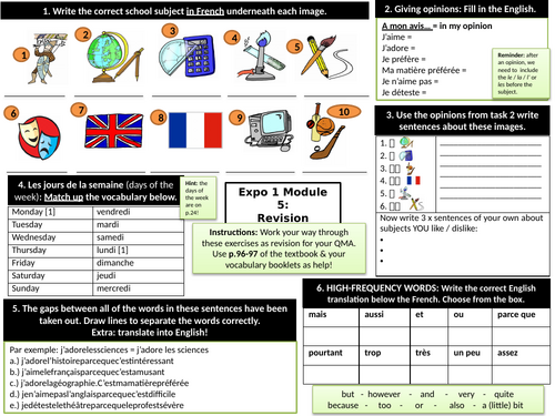 KS3 French: School Revision Worksheet