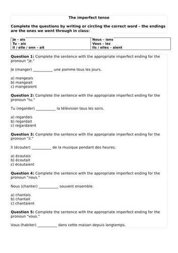 Grammar imperfect regular endings