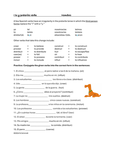 I to Y preterite verbs in Spanish Handout / Worksheet /Reading