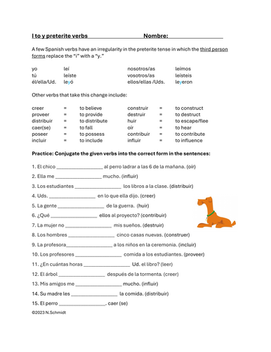 I to Y preterite verbs in Spanish Handout / Worksheet