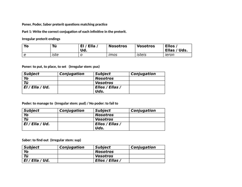 Poner Poder Saber preterit questions matching practice