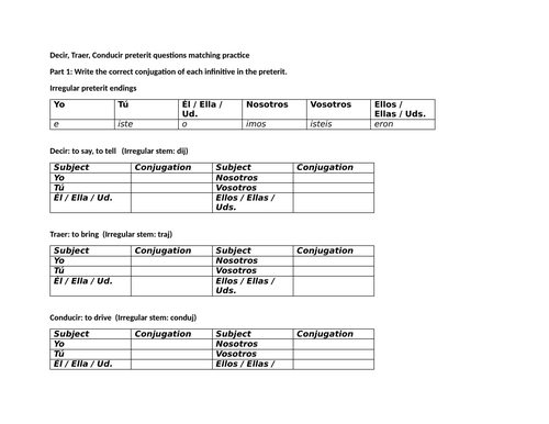 Decir, Traer, Conducir preterit questions matching practice