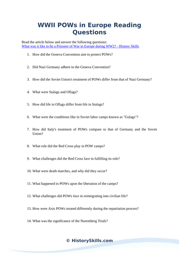 WWII POWs in Europe Reading Questions Worksheet