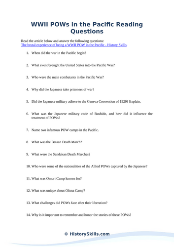 WWII POWs in the Pacific Reading Questions Worksheet