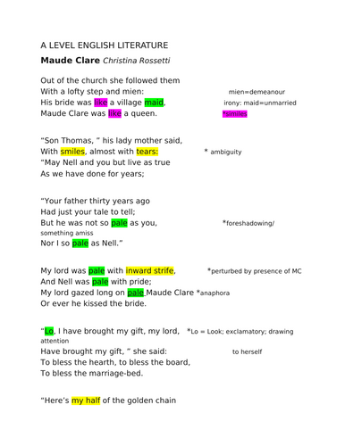 OCR ENGLISH LITERATURE A  LEVEL: Christina Rossetti "Maude Clare" analysis
