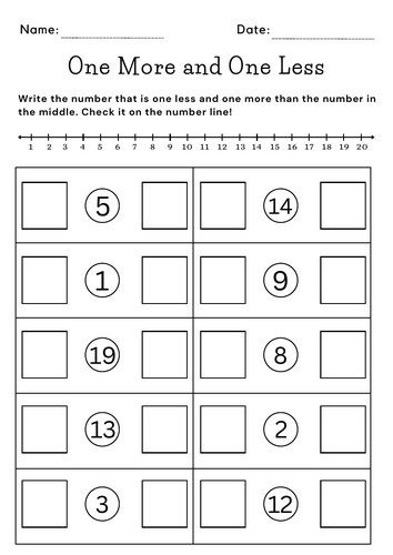 printable one more one less number line worksheet for kindergarten