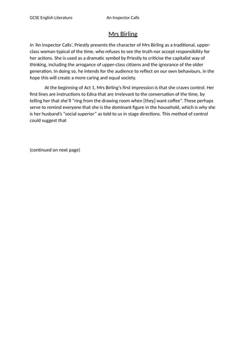 GCSE FULL MARKS, MRS BIRLING AIC ESSAY