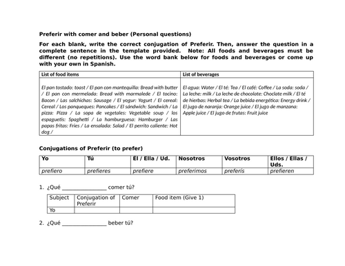 Preferir with comer and beber (Personal questions)