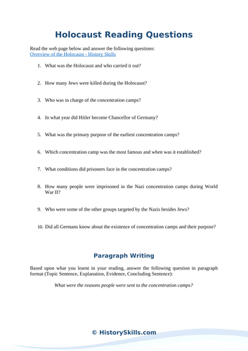 Overview of the Holocaust Reading Questions Worksheet