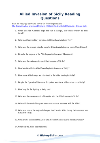 Allied Invasion of Sicily in WWII Reading Questions Worksheet ...