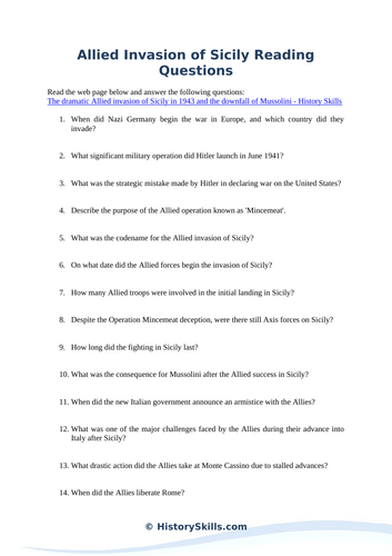 Allied Invasion of Sicily in WWII Reading Questions Worksheet