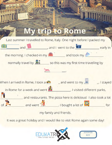 TRAVEL vocabulary exercise -- MY TRIP TO ROME -- with key!