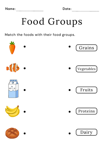 printable food groups matching food worksheet for kindergarten