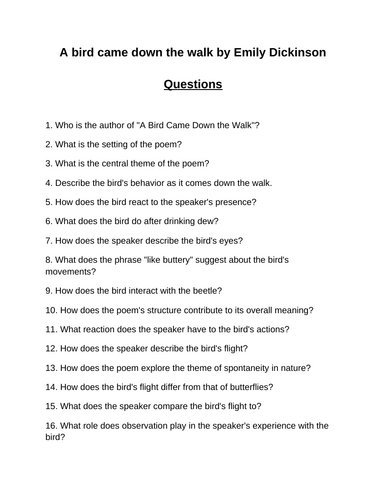 A bird came down the walk. 40 Reading Comprehension Questions (Editable)