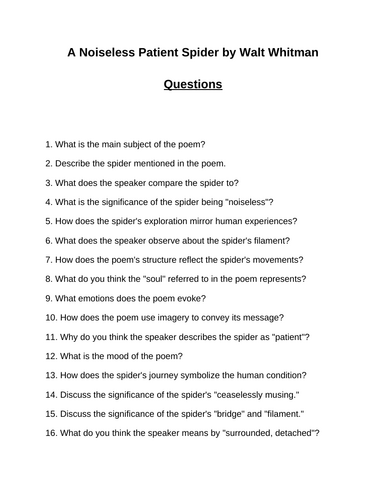 A Noiseless Patient Spider. 40 Reading Comprehension Questions (Editable)