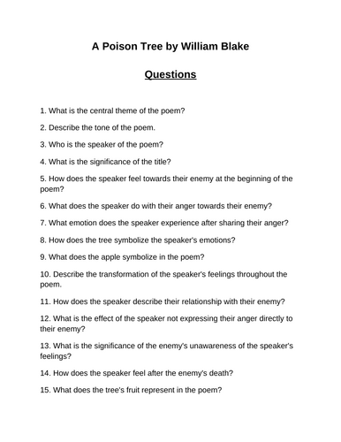 A Poison Tree. 40 Reading Comprehension Questions (Editable)