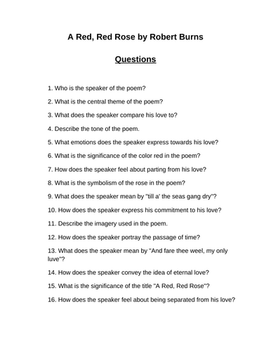 A Red, Red Rose. 40 Reading Comprehension Questions (Editable)