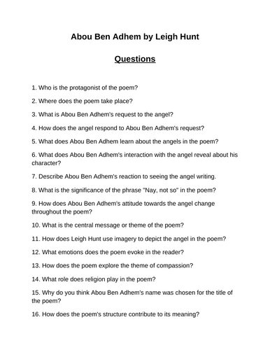Abou Ben Adhem. 40 Reading Comprehension Questions (Editable)