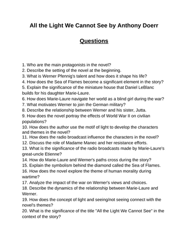 All the Light We Cannot See. 40 Reading Comprehension Questions (Editable)