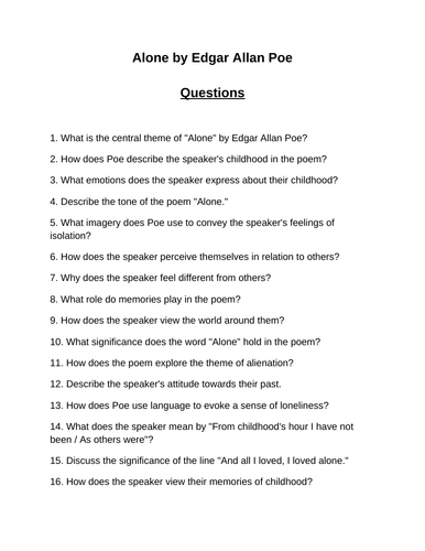 Alone. 40 Reading Comprehension Questions (Editable)