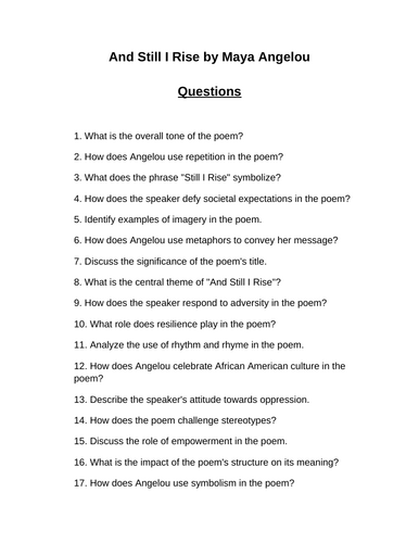 And Still I Rise. 40 Reading Comprehension Questions (Editable)
