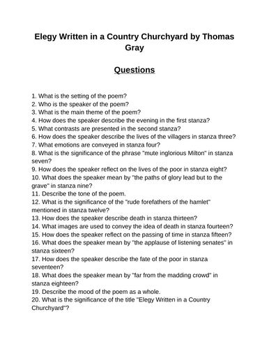 Elegy Written in a Country Churchyard. 40 Reading Comprehension Questions (Editable)