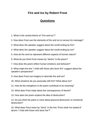 Fire and Ice. 40 Reading Comprehension Questions (Editable)
