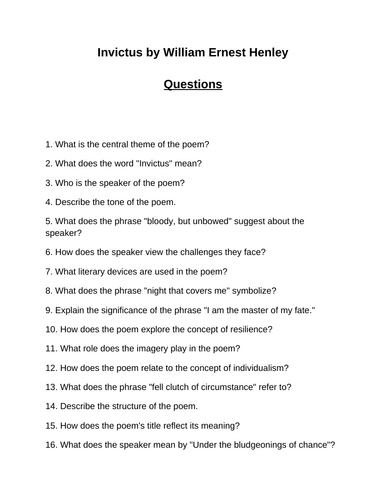 Invictus Poem Analysis Invictus. 40 Reading Comprehension Questions