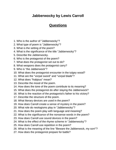 Jabberwocky. 40 Reading Comprehension Questions (Editable)