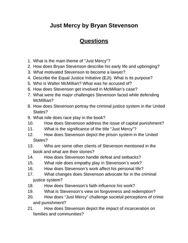 Just Mercy. 40 Reading Comprehension Questions (Editable)