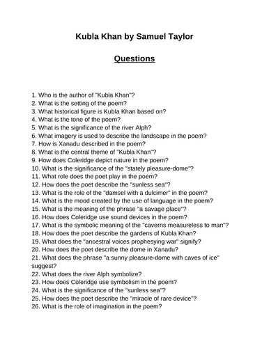 Kubla Khan. 40 Reading Comprehension Questions (Editable)