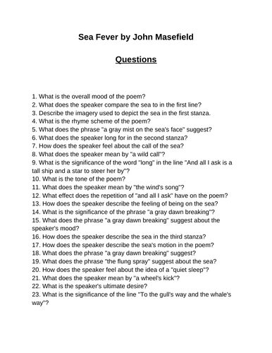 Sea Fever. 40 Reading Comprehension Questions (Editable)
