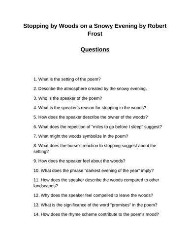 Stopping by Woods on a Snowy Evening. 40 Reading Comprehension Questions (Editable)