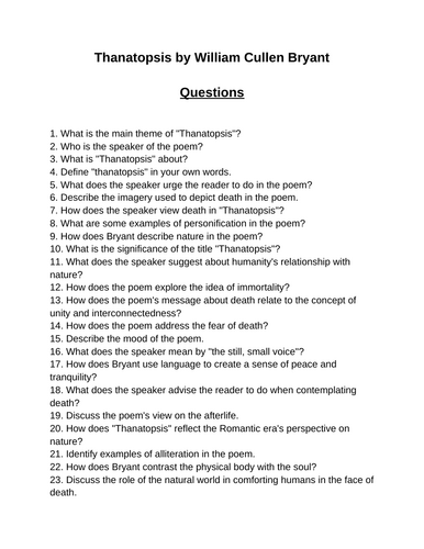 Thanatopsis. 40 Reading Comprehension Questions (Editable)