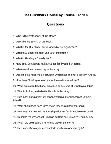 The Birchbark House. 40 Reading Comprehension Questions (Editable)
