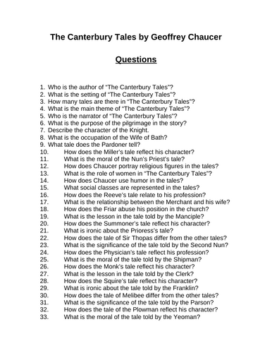 The Canterbury Tales. 40 Reading Comprehension Questions (Editable)