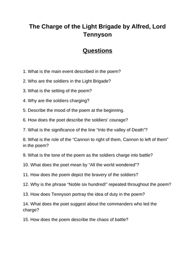 The Charge of the Light Brigade. 40 Reading Comprehension Questions (Editable)