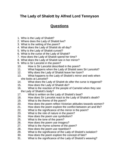 The Lady of Shalott. 40 Reading Comprehension Questions (Editable)