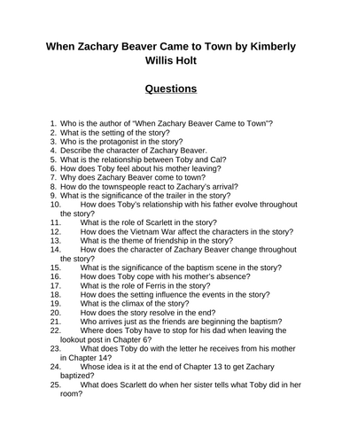 When Zachary Beaver Came to Town. 40 Reading Comprehension Questions (Editable)