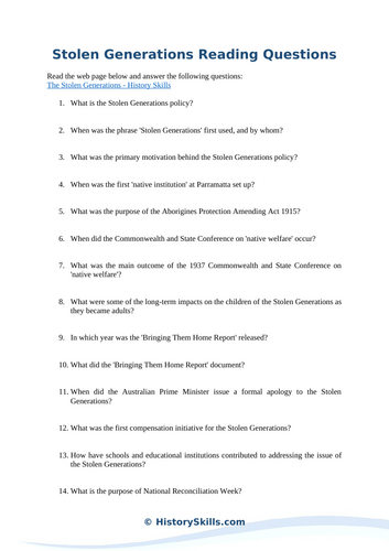 Australian Stolen Generations Reading Questions Worksheet